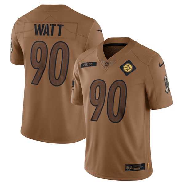 Men%27s Pittsburgh Steelers #90 T.J. Watt 2023 Brown Salute To Service Limited Football Stitched Jersey Dyin